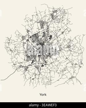 Minimalistische schwarz-weiße Straßennetzkarte von York, Großbritannien. Stock Vektor