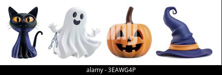 Happy halloween 3D Vektor Set. Schwarze Vampirkatze im dracula-Kostüm, weißer angeketteter Geist, Hexenhut, geschnitzte Pumkin-Laterne. Helloween-Banner Stock Vektor