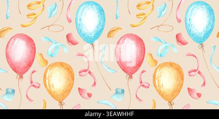 Pastellfarbene Ballons und Konfetti auf hellbeigem Hintergrund. Nahtloses Aquarellmuster für Geburtstagsdekoration, Geschenkpapier, Textilien und festi Stockfoto