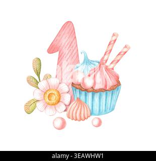 Rosa Nummer eins mit Cupcake, Blumen und kleinen dekorativen Elementen. Vom Hintergrund isoliert. Handgezeichnete Aquarellillustration für Geburtstagswagen Stockfoto