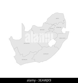 Südafrikas politische Karte der Verwaltungsbereiche - Provinzen. Graue Karte mit dünnem schwarzen Umriss und Etiketten. Stock Vektor