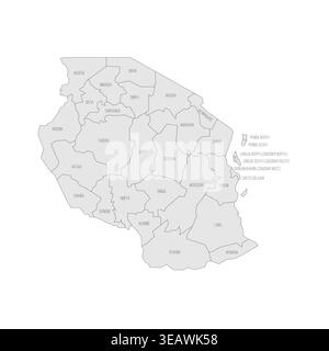 Tansania politische Karte der Verwaltungsbereiche - Regionen. Graue Karte mit dünnem schwarzen Umriss und Etiketten. Stock Vektor