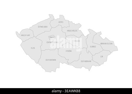 Tschechische Republik politische Karte der Verwaltungsbereiche - Regionen. Graue Karte mit dünnem schwarzen Umriss und Etiketten. Stock Vektor