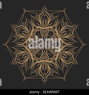 Kompliziertes goldenes Mandala-Design in sakraler Geometrie auf schwarzem Hintergrund. Mit Blumen- und Herzmotiven mit ornamentaler Symmetrie. Perfekt für Stock Vektor