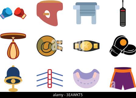 Ein farbenfrohes, flaches Illustrationsset mit Boxen und Kampfsportausrüstung einschließlich Handschuhen, Kopfbedeckungen, Trainingsbank, Boxsack, Speedbag, foc Stock Vektor