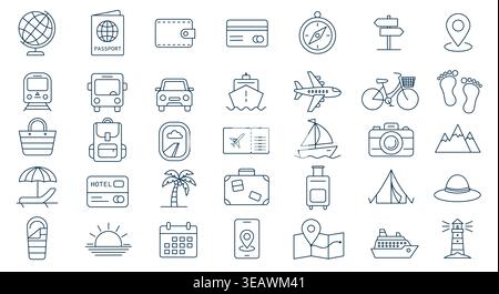 Symbolsatz für Reise- und Sommerferien. Sammlung von Symbolen für Tourismus, Transport, Strandurlaub und Camping. Stock Vektor