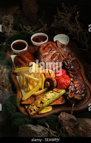 Köstliches gegrilltes Rindfleisch mit Kräutern und knusprigen Kartoffeln Stockfoto