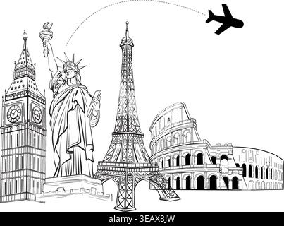 Reisekomposition mit Wahrzeichen Flugstrecke Schwarz-weiß-Vektor, Tourism Line Art Illustration Clipart Design Stock Vektor