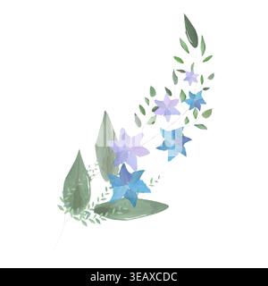 Diagonales Blumenarrangement mit sternförmigen blauen und Lavendelblüten und grünen Blättern, Aquarellillustration perfekt für dekorative Drucke, Stock Vektor