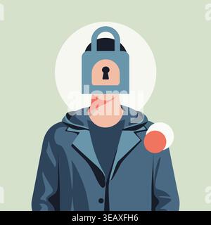 Konzeptionelle Darstellung der Cybersicherheit und des Datenschutzes personenbezogener Daten durch eine anonyme Person mit Vorhängeschloss Stock Vektor