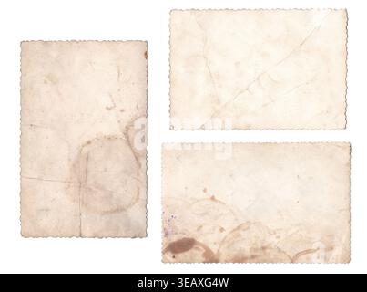 Rückseite des Baumes alte, alte Fotos Textur mit sichtbaren Flecken, veralteten, gelblichen Details. Retro-braune Bilderrahmen isoliert auf weißem Hintergrund Stockfoto