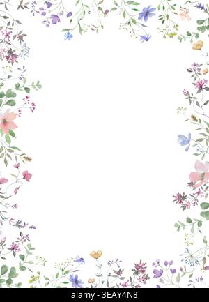 Vertikaler Blumenrand mit kleinen Wildblumen, Kräuterrahmen. Vektor-EPS. Stock Vektor