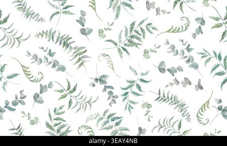 Nahtloses Blumenmuster mit grünen Farnblättern, Eukalyptuszweigen auf weißem Hintergrund. Botanischer Blattdruck für Textilien. Vektor-EPS. Stock Vektor