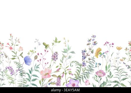 Nahtlose Blumengrenze mit kleinen Wildblumen, Kräutern, zarten grünen Blättern auf weißem Hintergrund. Elegantes botanisches Vintage-Muster. Vektor. Stock Vektor