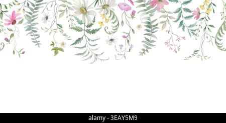 Nahtlose Blumengrenze mit kleinen Wildblumen, Kräutern, zarten grünen Blättern auf weißem Hintergrund. Elegantes botanisches Vintage-Muster. Vektor. Stock Vektor