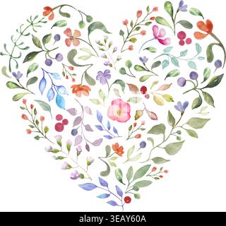 Aquarellblumenherz mit bunten Frühlingsblüten und Blättern. Botanischer handgemalter herzförmiger Kranz isoliert auf weißem Hintergrund. Vektor-EPS. Stock Vektor
