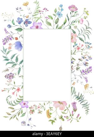 Nahtlose Blumengrenze mit kleinen Wildblumen, Kräutern, zarten grünen Blättern auf weißem Hintergrund. Elegantes botanisches Vintage-Muster. Vektor. Stock Vektor