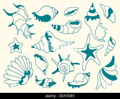 Teal Sea Shells und Seestern minimalistisches Vektorset Stock Vektor