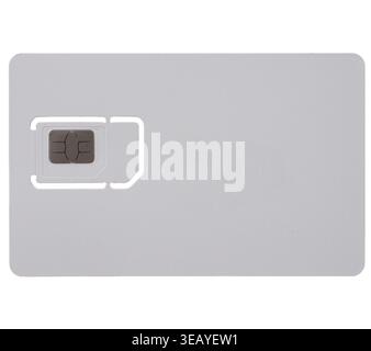 Unbeschriftete Mini Micro Nano sim-Karte mit dreifach geschnittenem Kopierbereich über weißem Hintergrund Stockfoto
