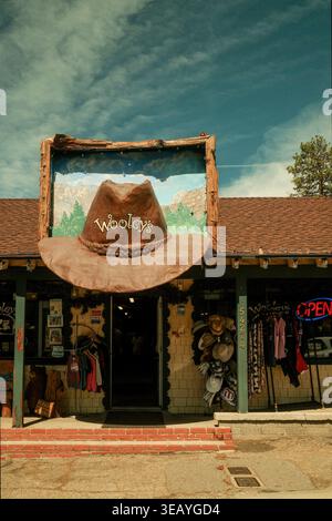 Geschäfte im westlichen Stil in Idyllwild, Kalifornien, mit rustikaler Holzarchitektur und Vintage-Schildern. Stockfoto
