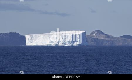 Tafeleisberg schwimmt im offenen Meer vor der felsigen Küste mit schneebedeckten Berggipfeln, Südatlantik, Südgeorgien Stockfoto