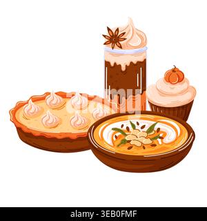 Köstliches Kürbisessen mit Kuchen, Suppe, Getränk und Cupcake im Cartoon-Stil. Kulinarisches Konzept der Herbsternte. Vektorillustration für Menü, Rezept. Stock Vektor