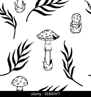 Illustration der nahtlosen Vektorgrafik von Zweigblättern und Pilzen Stockfoto
