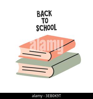 Abbildung von zwei gestapelten Büchern in Orange und Grün mit dem Text „Back to School“ über ihnen auf weißem Hintergrund Stock Vektor
