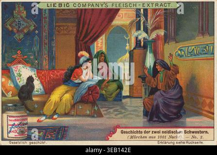 Eine Serie von Bildern aus 1000 und einer Nacht, die Geschichte der beiden neidischen Schwestern. Drei Frauen sind in einer orientalischen Inneneinrichtung dargestellt. Links sitzt eine Katze auf einem Diwan, links im Vordergrund befindet sich ein Glas mit Liebigs Fleischextrakt. Dies ist eine digital restaurierte Reproduktion einer Sammelkarte aus der Zeit um 1900; das genaue Datum ist unbekannt.“ Stockfoto