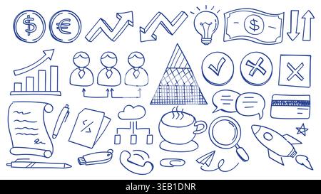 Business Blue Doodle handgezeichnete Ideen Denken und Wissen. Vektorabbildung Stock Vektor