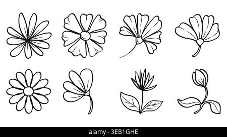 Sammlung verschiedener handgezeichneter Blumen und Blüten in einem zarten Linienart-Stil, mit verschiedenen Blumenformen und Blütenblättern isoliert auf einem weißen B Stock Vektor
