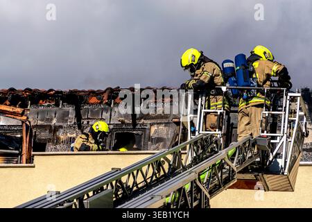 Feuerwehrmann, Feuerwehrmann, Luftleiter, Feuerwehrleute, Feuerwehrmann, Feuerwehrleute, Luftleiter Stockfoto