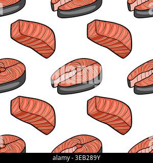 Nahtloses Vektormuster frischer Lachssteaks mit markantem rosa Fleisch und dunkelgrauer Haut, perfekt für Lebensmittelverpackungen und kulinarische Designs. Stock Vektor