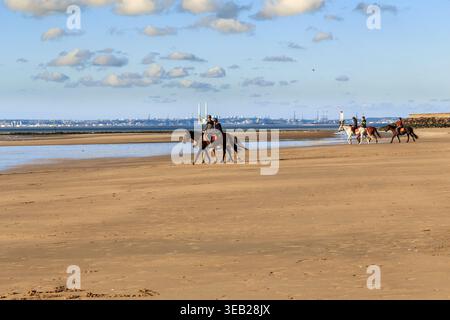 DEAUVILLE, FRANKREICH - 1. SEPTEMBER 2019: Dies ist eine Gruppe nicht identifizierter Menschen, die an einem Herbstabend bei Ebbe an einem Pferd entlang der Küste reiten. Stockfoto