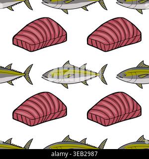 Nahtloses Vektormuster von rohen Thunfischsteaks und ganzen Gelbflossenthunfischen. Stock Vektor