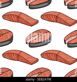 Nahtloses Vektormuster von frischen Lachssteaks, gesunde Nahrungsmittelillustration Stock Vektor