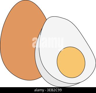 Hühnerei. In Scheiben geschnittenes, gekochtes Ei und ein ganzes in der Schale. Eifarbene Komposition handgezeichnete Illustration. Vektorgrafik Strichgrafik. Gesundes Essen, Pro Stock Vektor