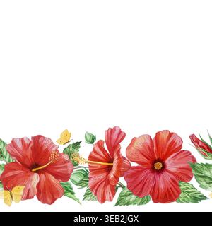 Rote Hibiskusblüten und Schmetterlinge in wunderschönen Aquarellfarben, nahtloser Rand. Handgezeichnete tropische Blütenpflanze für Blumenmotive. Stockfoto