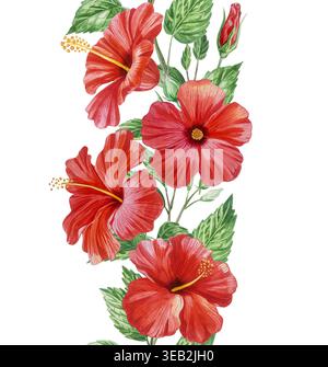Rote Hibiskusblüten und Schmetterlinge in wunderschöner, vertikaler, nahtloser Rand in Aquarellfarben. Handgezeichnete tropische Blütenpflanze für Blumenmotive. Realisti Stockfoto