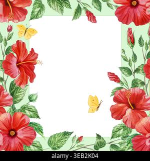 Rote Hibiskusblüten, Zweige und Knospen in wunderschönem Aquarellrahmen. Handgezeichnete tropische Blütenpflanze für botanische Designs. Stockfoto