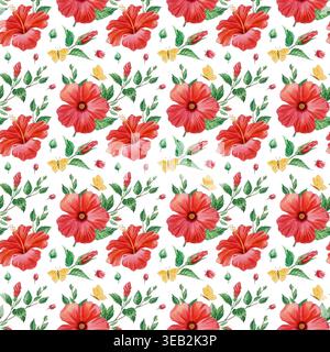 Rote Hibiskusblüten und gelbe Schmetterlinge in wunderschönem Aquarellmuster. Handgezeichnete tropische Pflanze für Tapeten und Textilien Stockfoto