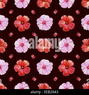 Rote und rosafarbene Hibiskusblüten in nahtlosem Aquarellmuster. Handgezeichnete tropische blühende Pflanze auf dunklem Hintergrund. Realistische Detailzeichnung, Flora Stockfoto