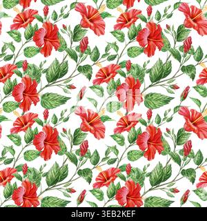 Rote Hibiskusblüten und Zweige mit grünen Blättern in wunderschönem Aquarellmuster. Handgezeichnete tropische Blütenpflanze für Textilien und andere Stockfoto