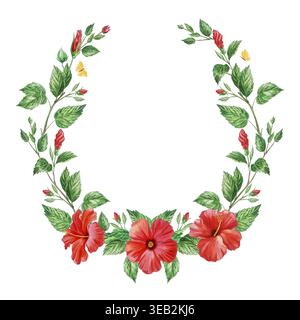 Schöne rote Hibiskusblüten, Zweige, Knospen, Blätter und Schmetterling in einem Aquarellkranz. Handgezeichnete, tropisch blühende Pflanzen-Clip-Art für Design Stockfoto