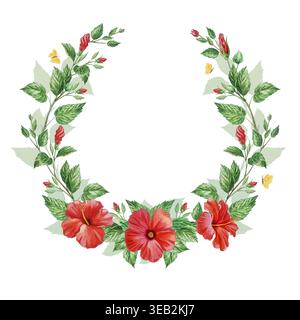 Schöne rote Hibiskusblüten, Zweige, Knospen, Blätter und Schmetterling in einem Aquarellkranz. Handgezeichneter, tropisch blühender Pflanzenclip Stockfoto