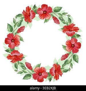 Schöne rote Hibiskusblüten, Zweige und Knospen in einem Aquarellkranz. Handgezeichnete, tropisch blühende Pflanzen-ClipArt für botanische Designs im Sommer. Stockfoto