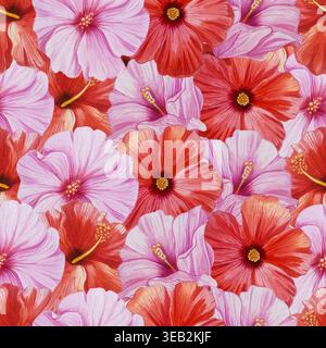Lebendiges, nahtloses Aquarellmuster mit dichten rosa und roten Hibiskusblüten. Blütendruck, realistische, detailgetreue, handgezeichnete tropische Illustration Stockfoto