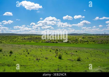 Die Szene zeigt ein riesiges grünes Feld, das sich unter einem hellblauen Himmel mit weißen Wolken erstreckt. Hügel sind in der Ferne zu sehen. Die Gegend sieht aus wie rura Stockfoto