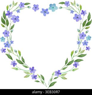 Blauer, floraler Herzrahmen mit blauen Wildblumen und grünen Blättern. Handgemalter botanischer Kranz für Hochzeitseinladungen und Grußkarten. Stock Vektor