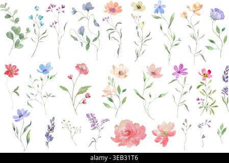Blumenelemente in Aquarellfarben mit rosa, lila, blauen Blüten und grünen Blättern. Botanische handgemalte Sammlung isoliert auf weiß. Vektor-EPS. Stock Vektor